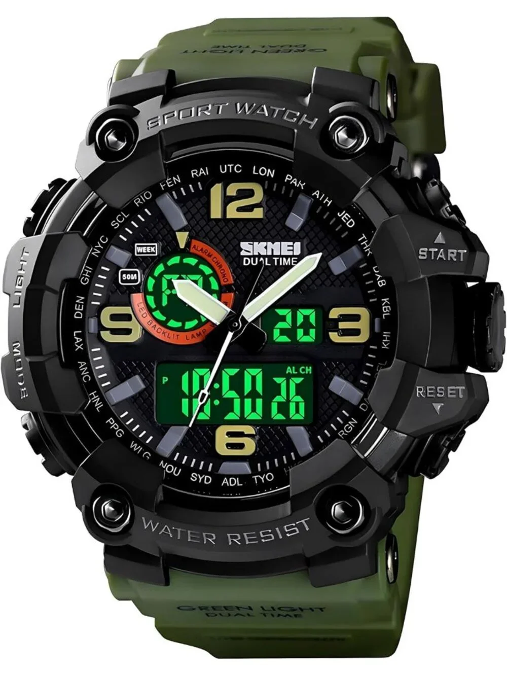 Men Army&Green Analog Quartz S-Shock Waterproof Outdoor Sports LED Digital Watch